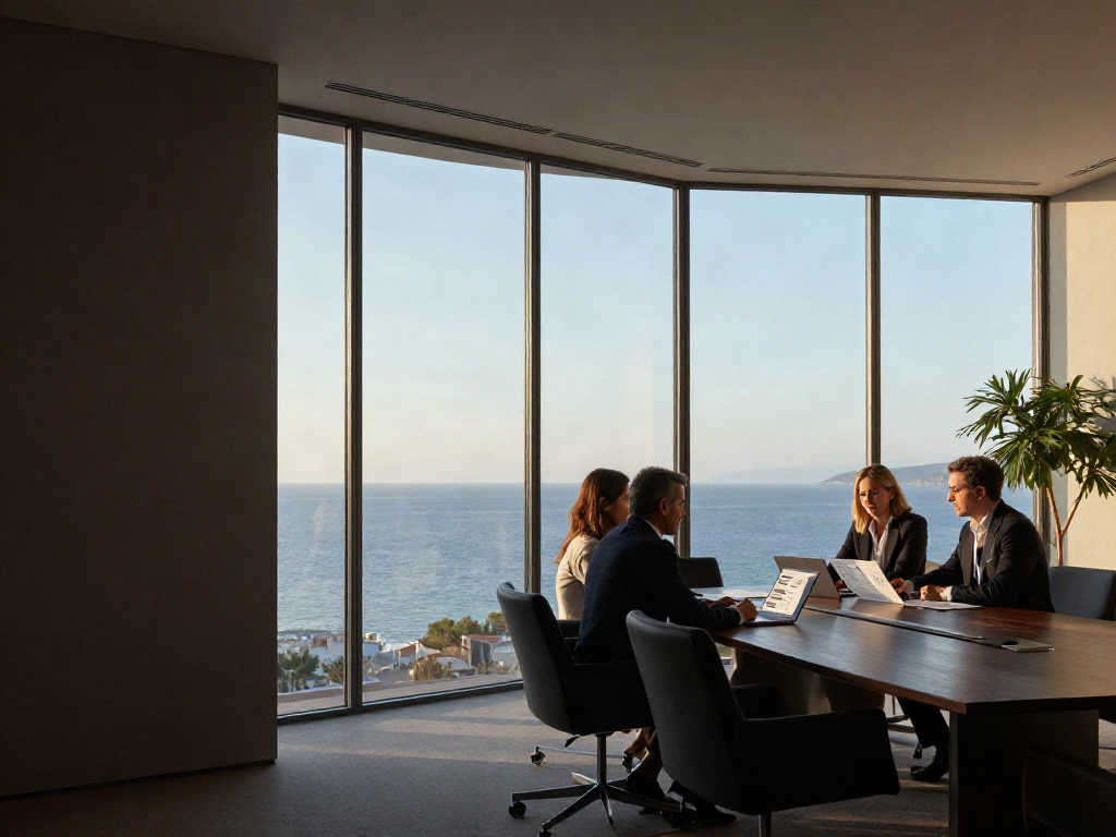 Consultants reviewing business insights in a light-filled coastal boardroom